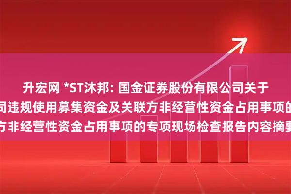 升宏网 *ST沐邦: 国金证券股份有限公司关于江西沐邦高科股份有限公司违规使用募集资金及关联方非经营性资金占用事项的专项现场检查报告内容摘要